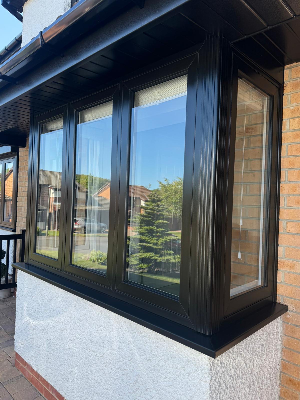 New black bay window, seen close up from the garden